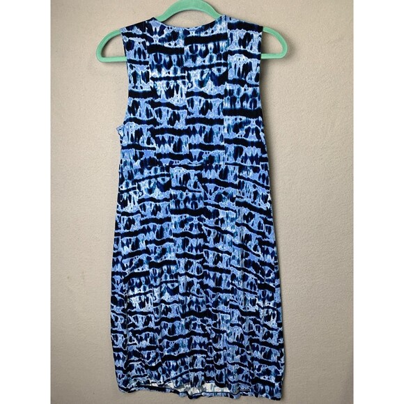 Michael Kors Dress Medium Blue Sleeveless V Neck Ruched Geometric Tie Dye Style - Picture 2 of 6